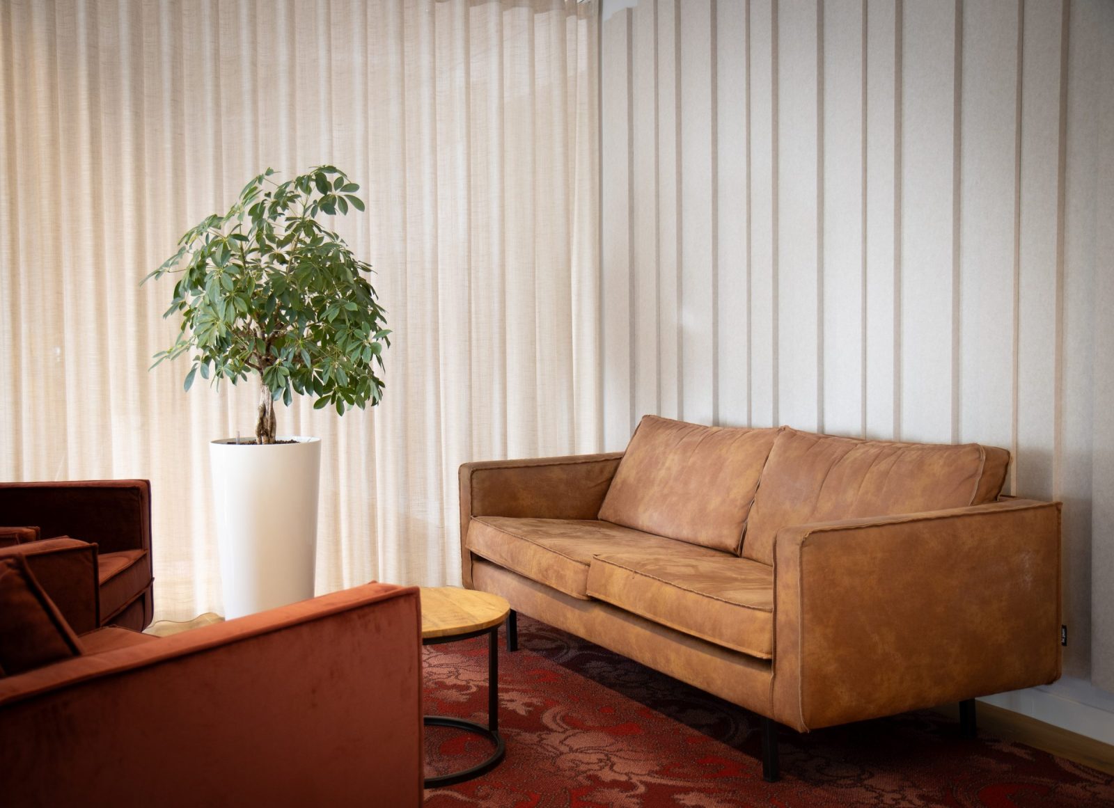 Een cognackleurige bank, roestbruine fauteuils, lichte gordijnen en een plant bij AVAS.