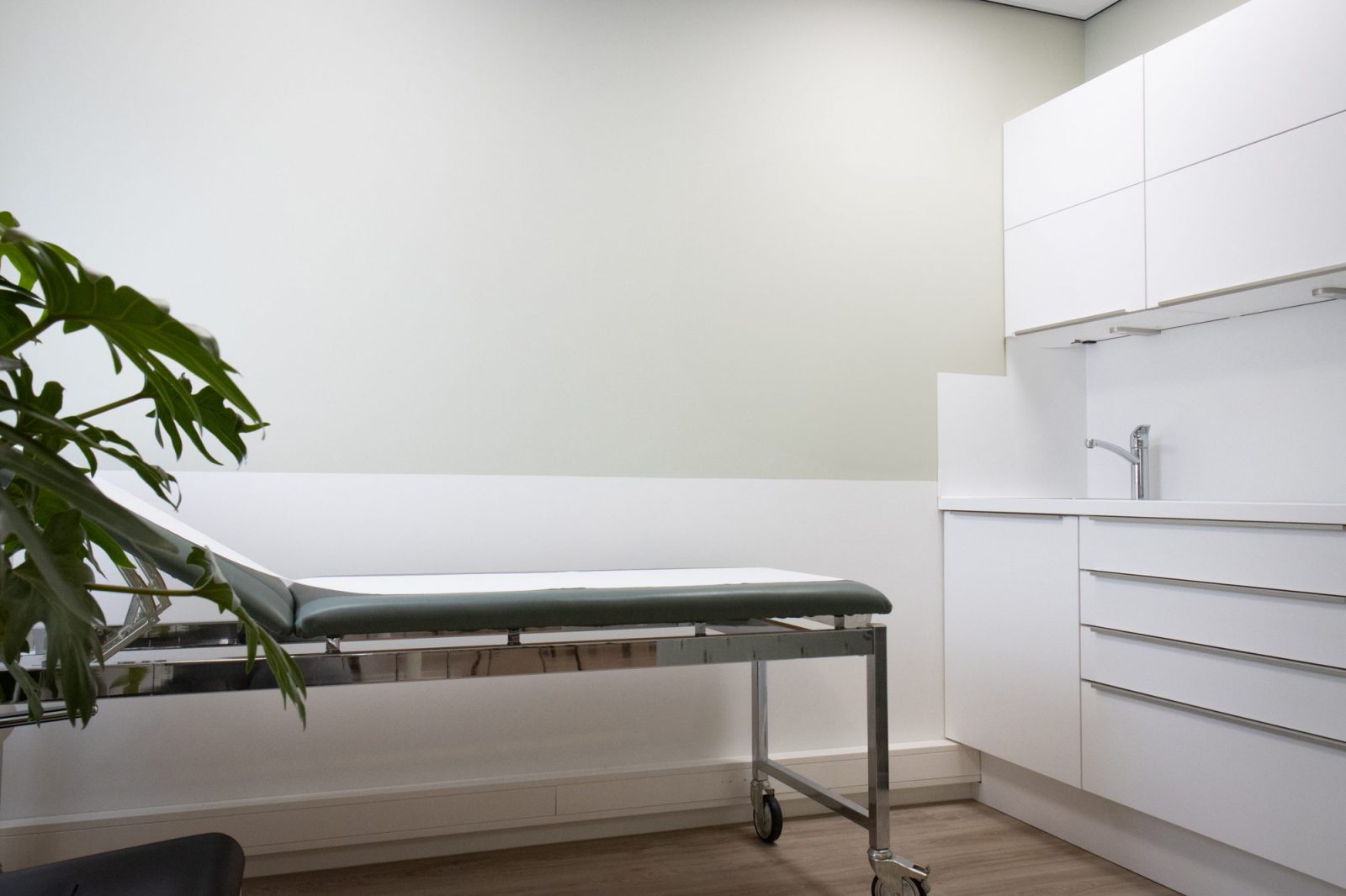 Een behandelkamer met een grijsgroene wand, witte kasten, een behandelbank en een plant op de voorgrond.