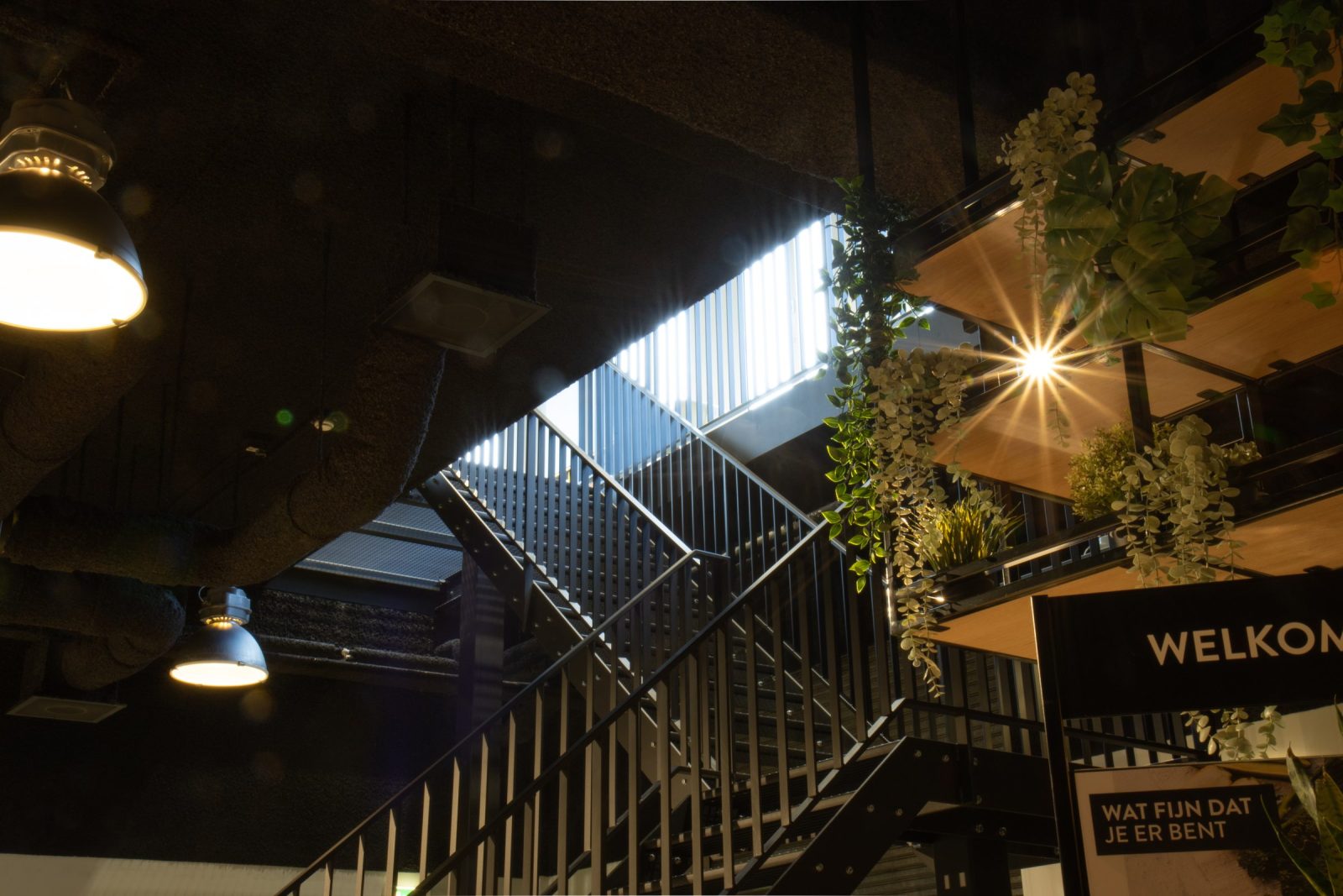 Een zwarte stalen trap met spijlenbalustrade, naast beplante rekken en verlichting onder het donkere plafond.