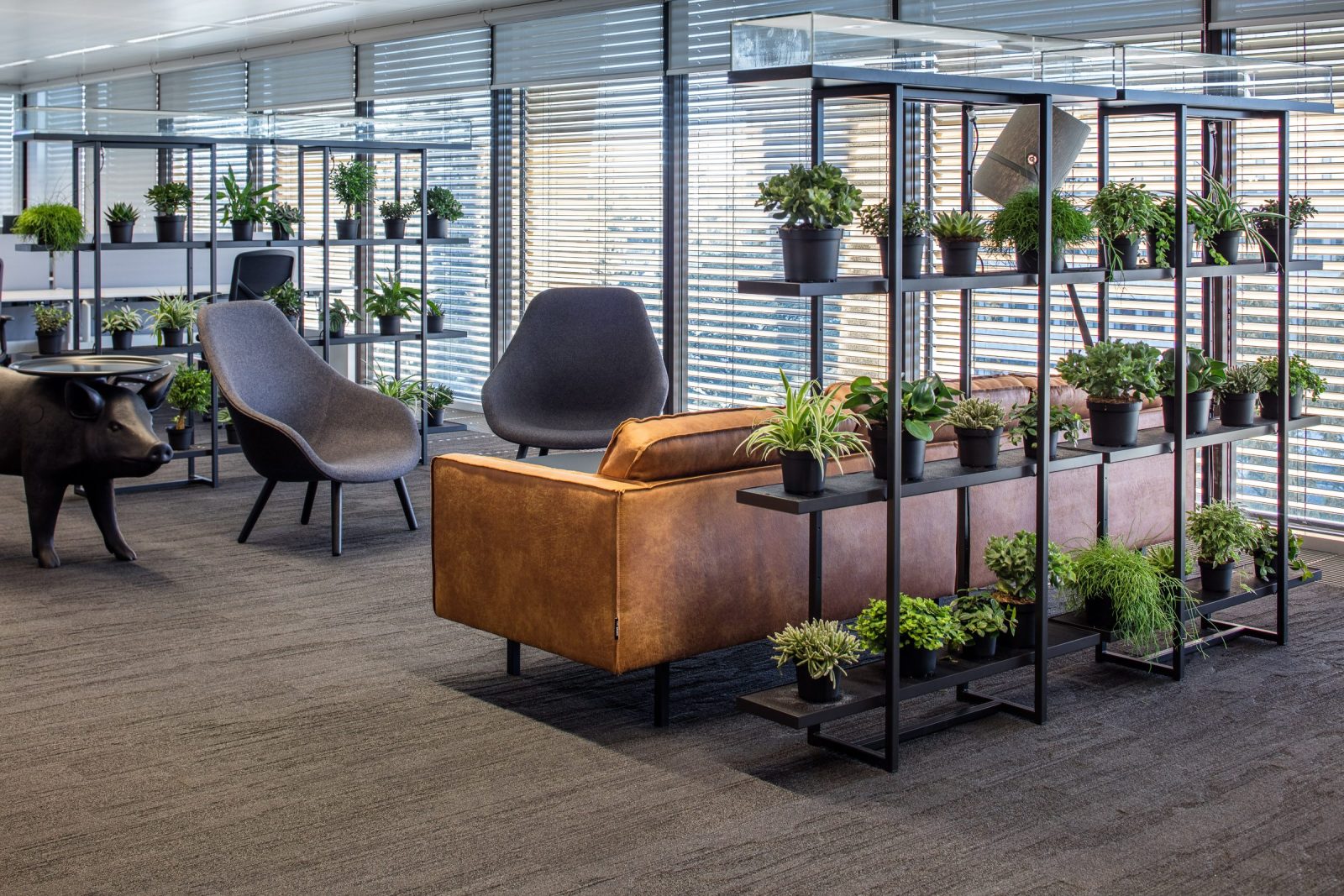 Een cognackleurige bank en donkerblauwe stoelen achter een zwart plantenrek bij hoge ramen.
