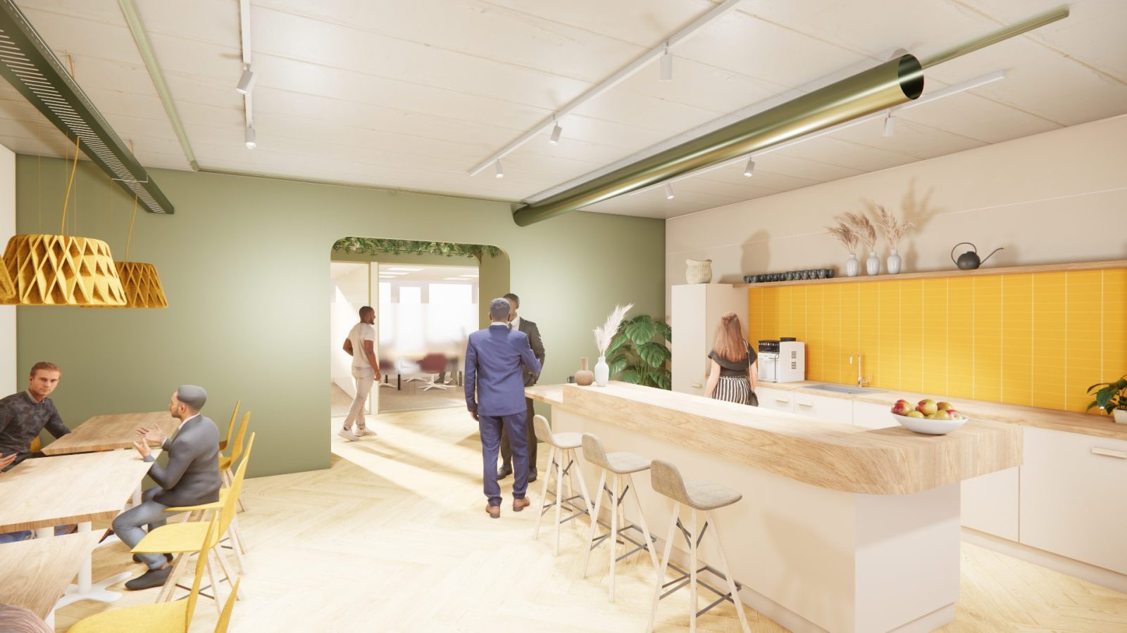Ontwerpvisualisatie van een gedeelde tafel en keuken met gele kastfronten, houten hanglampen en een groene wand.