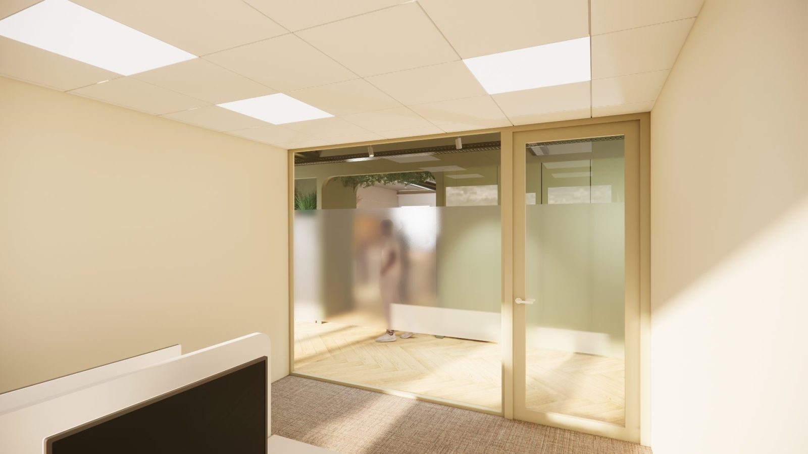 Ontwerpvisualisatie van een glazen spreekruimte met een houten kozijn, lichte gordijnen en een zachte vloerafwerking.