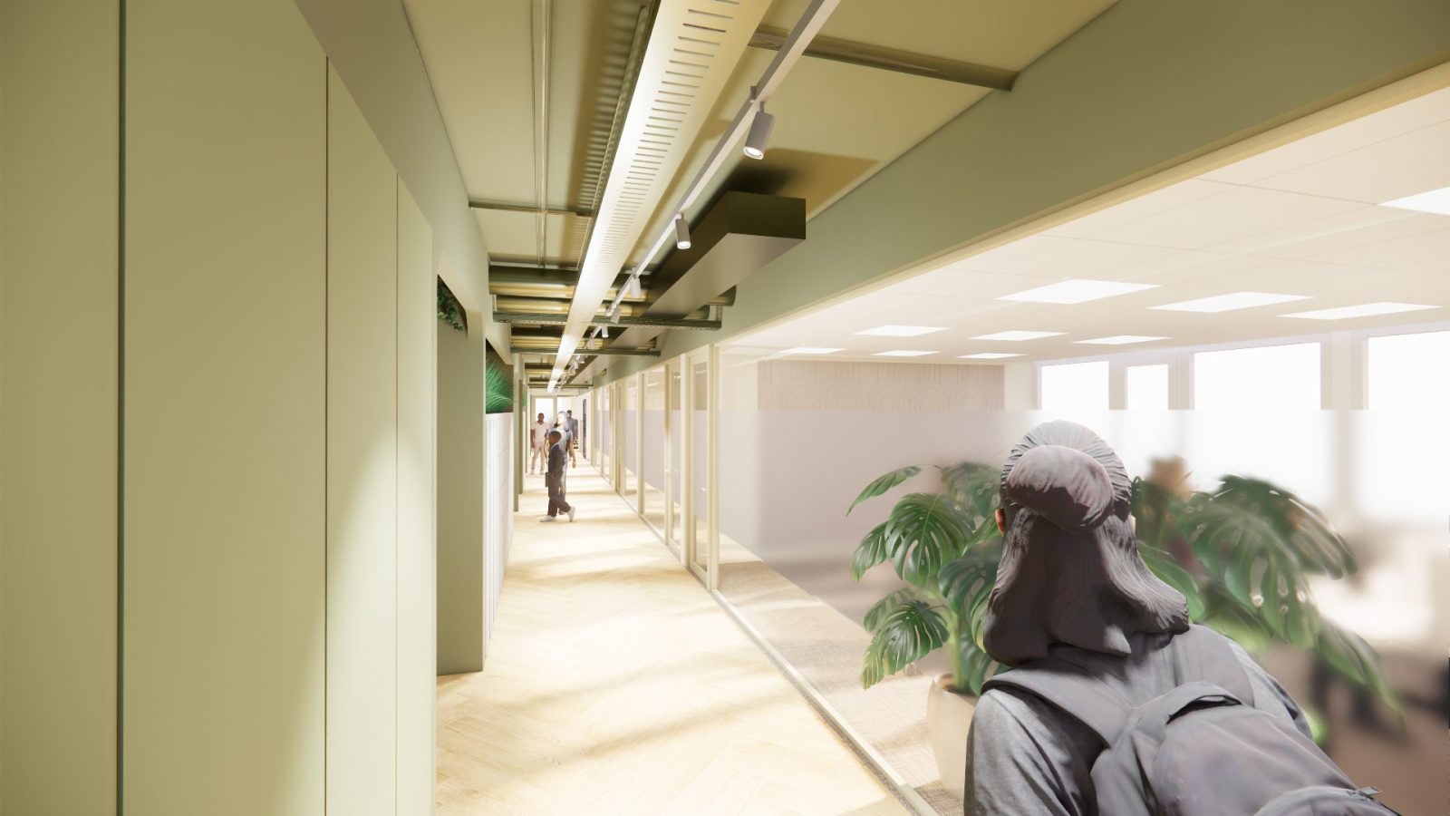Ontwerpvisualisatie van een lange gang met een groen plafond, houten kozijnen, planten en een lichte houten vloer.