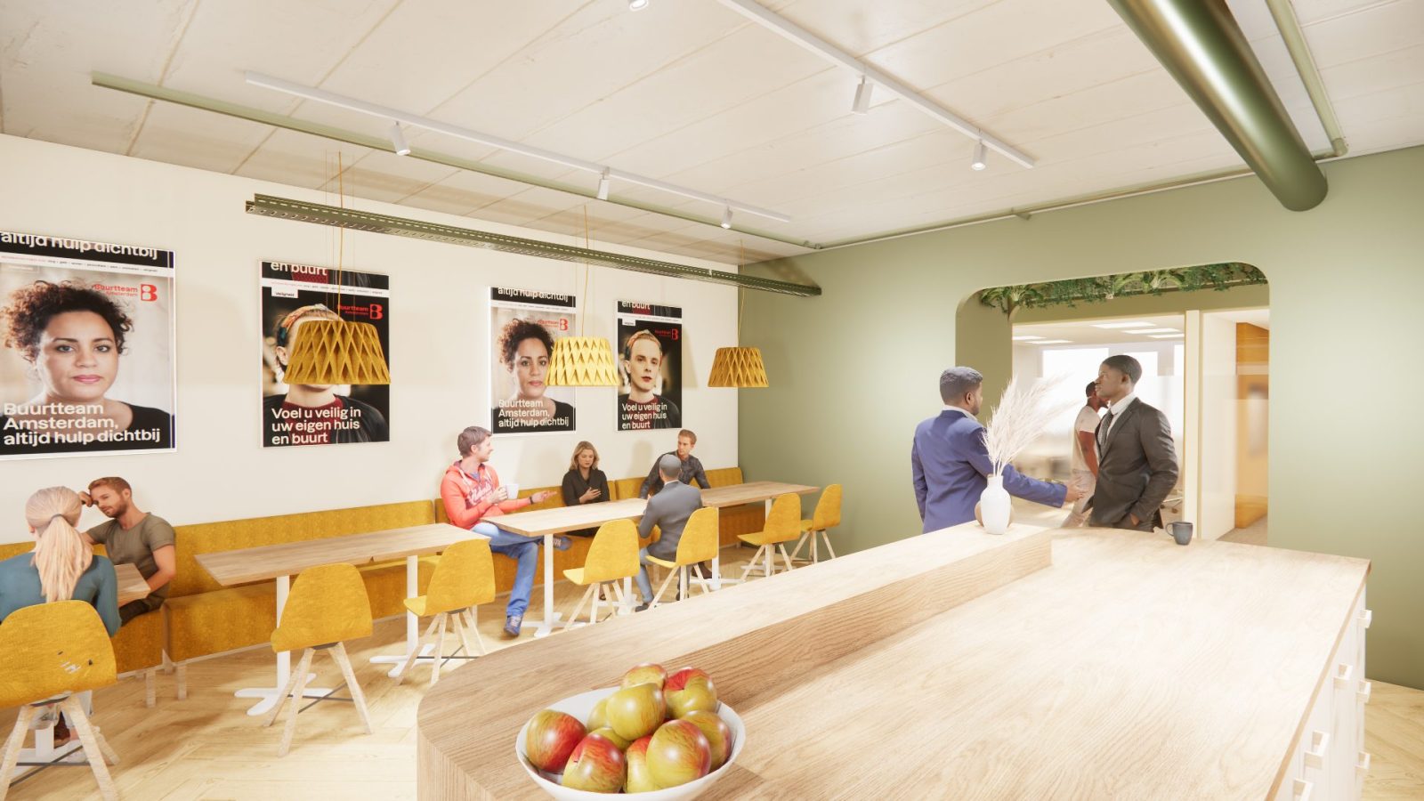 Ontwerpvisualisatie van mensen rond een houten tafel en bar, met gele kasten, hanglampen en portretten aan de wand.