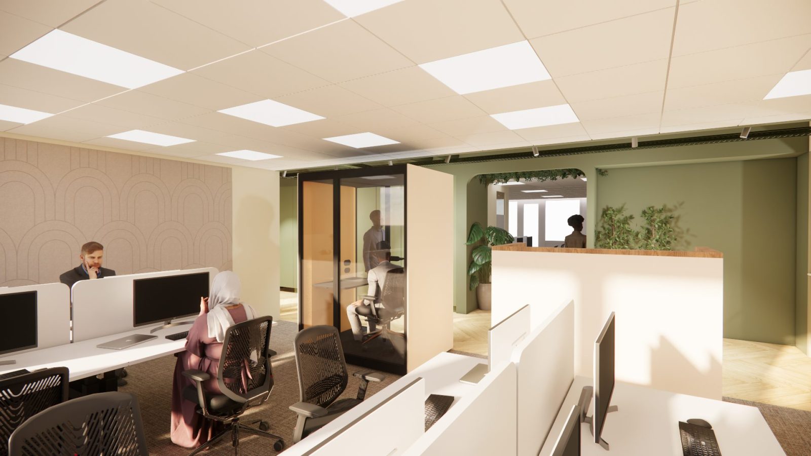 Ontwerpvisualisatie van bureaus met beeldschermen achter lichte schermen, naast een groene wand en glazen deuren.