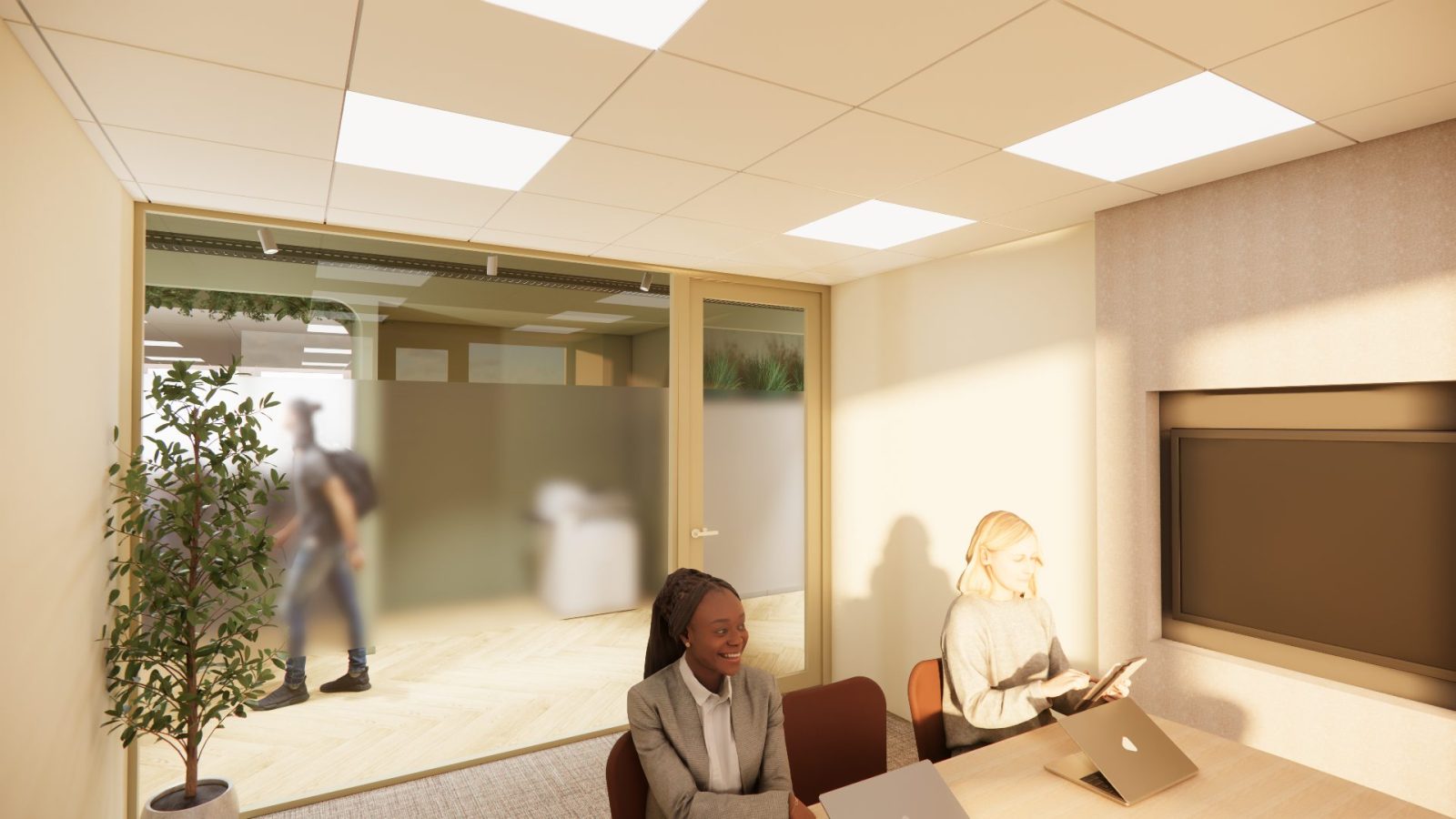 Ontwerpvisualisatie van een kleine overlegplek met een zitbank, een tafel, planten en een lichte gebogen hanglamp.