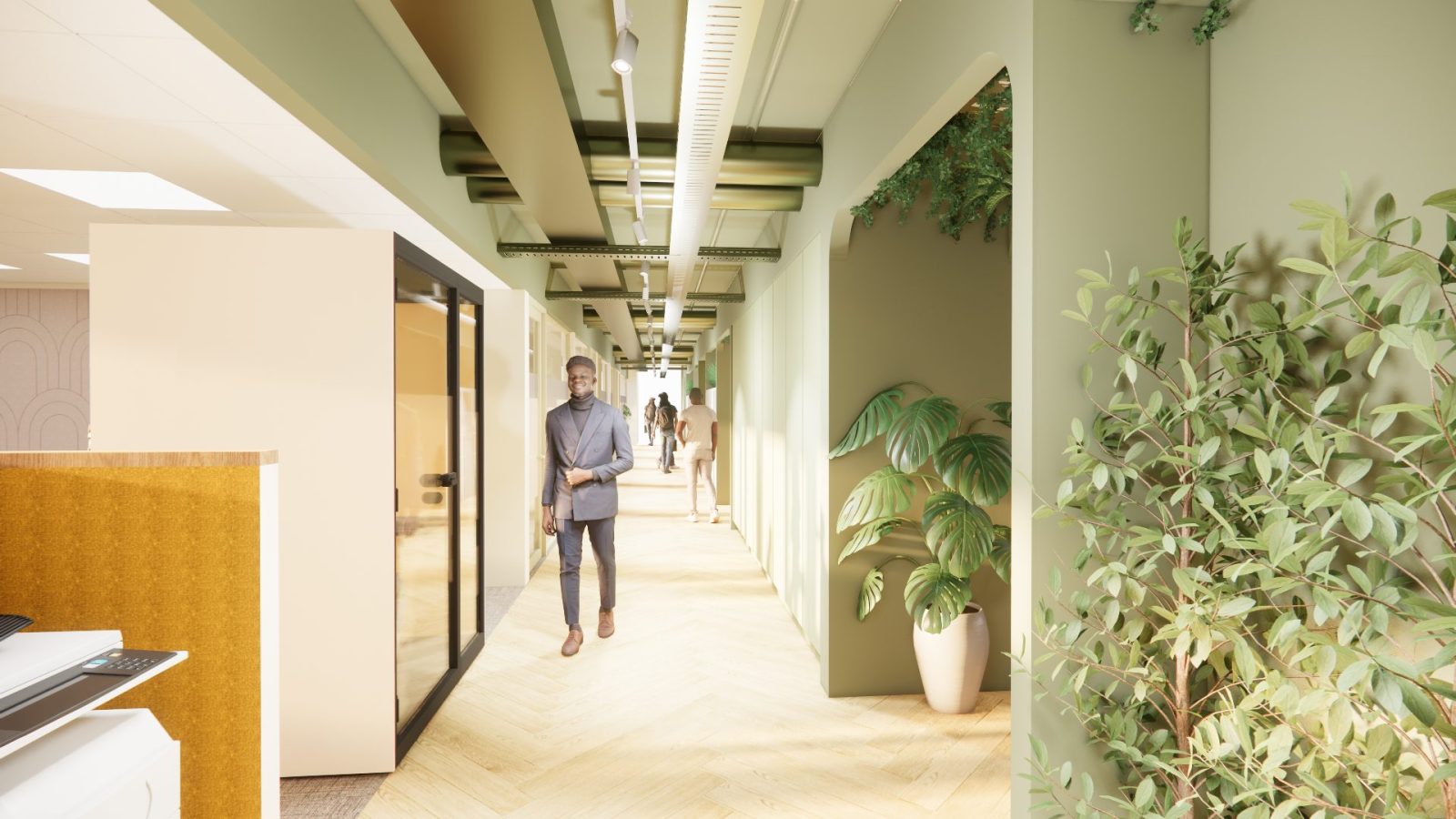 Ontwerpvisualisatie van planten naast een groene wand, houten deurkozijnen en zicht door de gang.