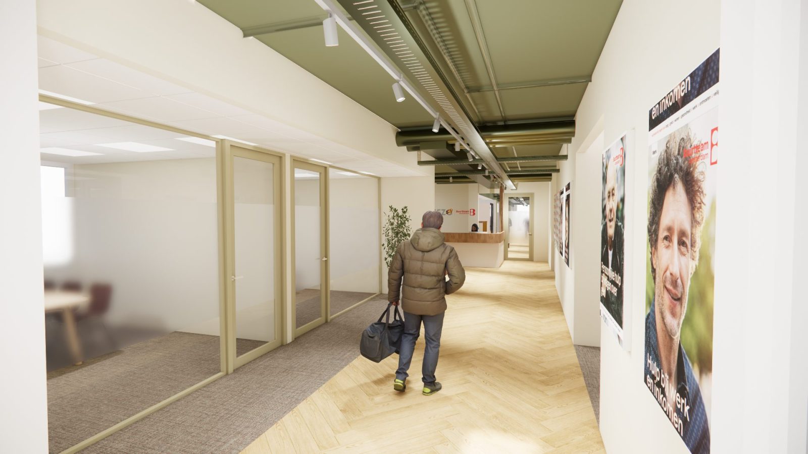 Ontwerpvisualisatie van de entreegang met glazen spreekruimtes, wandbeelden en een groen open plafond.