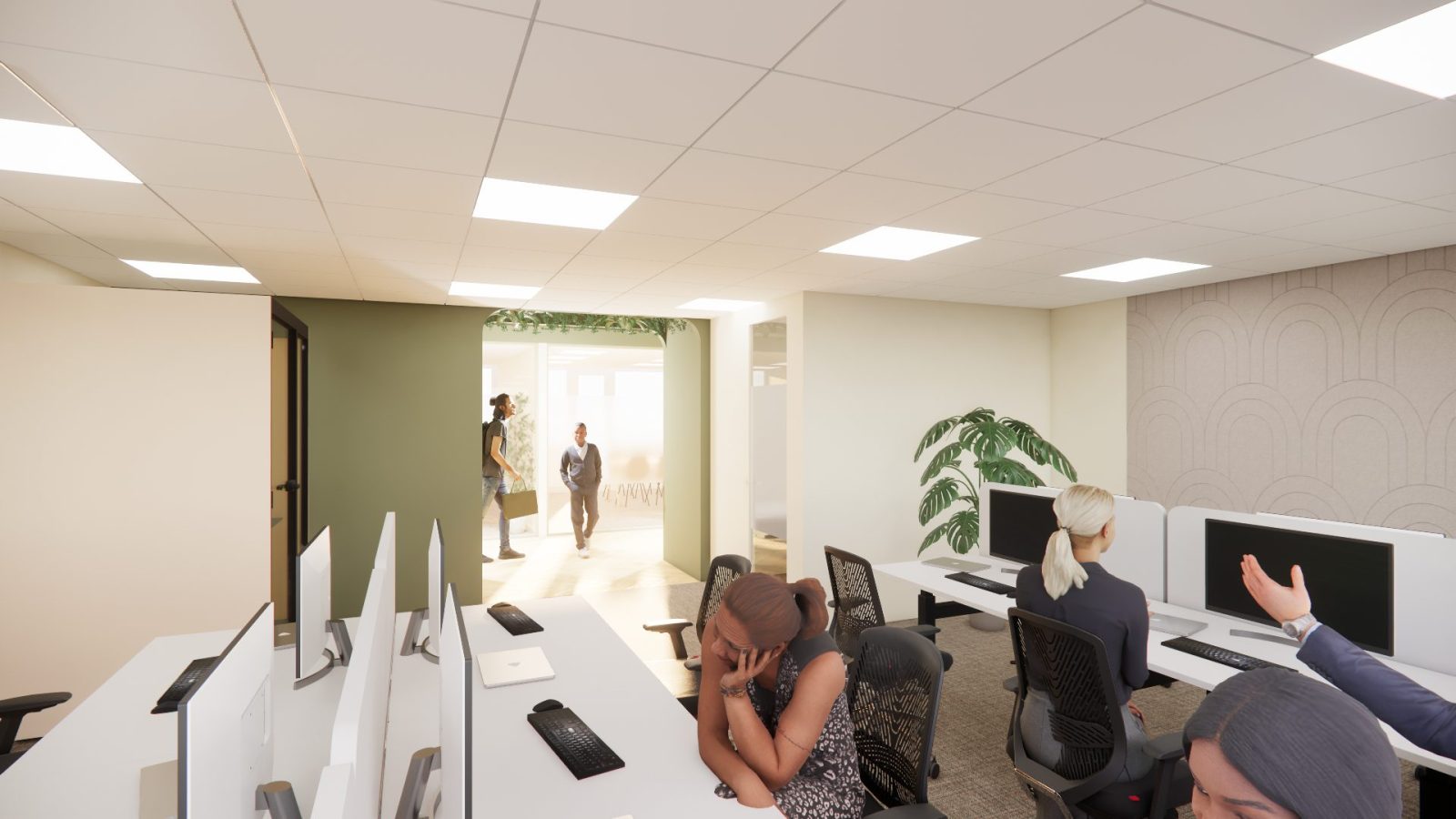 Ontwerpvisualisatie van een kantoorruimte met bureaus, zitplekken, een groen wandvlak en grote planten.