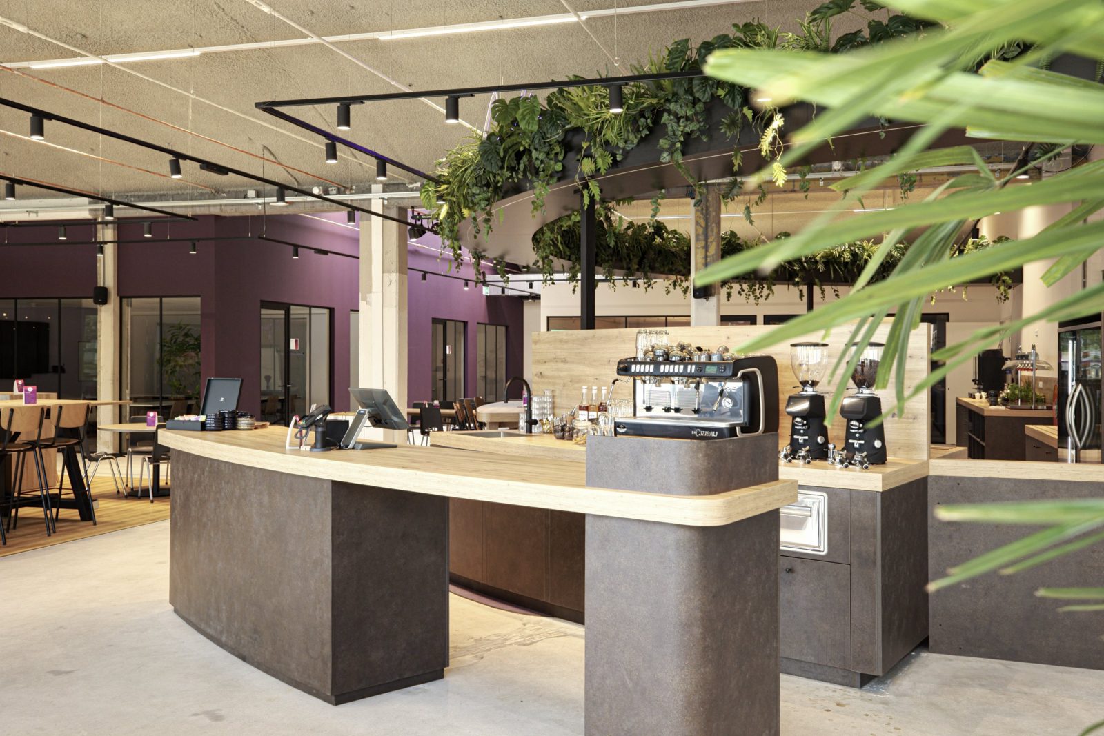De koffiebar met een donker blad, espressoapparaat en planten, voor een bordeauxrode wand.